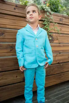 Mavi Keten 2020 Yakışıklı Erkek resmi giysi Ceket Pantolon 2 Parça Set Takım Elbise Düğün Yemeği için Çocuk Çocuklar Smokin 2