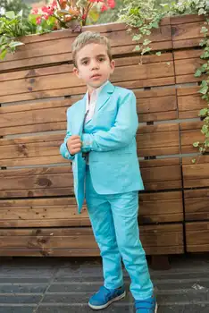 Mavi Keten 2020 Yakışıklı Erkek resmi giysi Ceket Pantolon 2 Parça Set Takım Elbise Düğün Yemeği için Çocuk Çocuklar Smokin 5