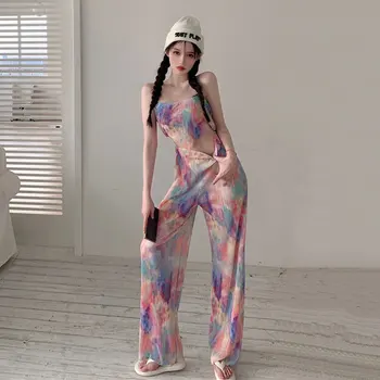 Kişiselleştirilmiş Moda Kravat Boyama Takım Elbise kadın Yaz Düzensiz Kolsuz Yelek + rahat Geniş Bacak Pantolon İki Parçalı Set 0