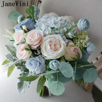 JaneVini Yağlıboya Tarzı Açık Mavi Şampanya Çiçekler Gelin Buketi Yapay İpek Gül Vintage Düğün Buket Charm 2020