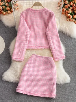 Yüksek Kaliteli Sonbahar Kış Tüvit İki Parçalı Set Kadın Kırpma Üst Ceket Ceket + Mini Etek Setleri Kadın Küçük Koku 2 Parça Takım Elbise 2