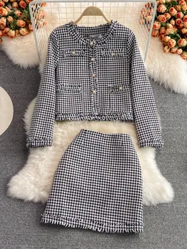 Yüksek Kaliteli Sonbahar Kış Tüvit İki Parçalı Set Kadın Kırpma Üst Ceket Ceket + Mini Etek Setleri Kadın Küçük Koku 2 Parça Takım Elbise 3