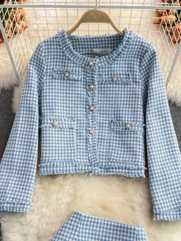 Yüksek Kaliteli Sonbahar Kış Tüvit İki Parçalı Set Kadın Kırpma Üst Ceket Ceket + Mini Etek Setleri Kadın Küçük Koku 2 Parça Takım Elbise 4