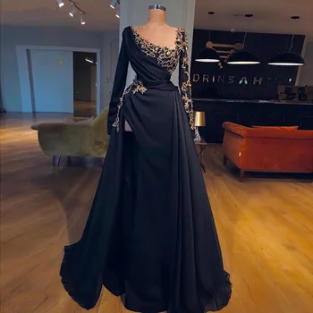 Yarık Müslüman Abiye A-line Uzun Kollu Şifon Aplikler Boncuklu Dubai Suudi Arapça Uzun gece elbisesi Balo Elbise 0
