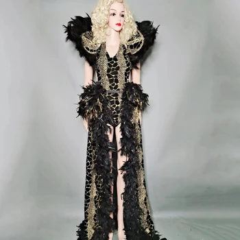 Gece kulübü Bar Dj Kostümleri Kadın Şarkıcı Sürükle Kraliçe Kostümleri Seksi Siyah Tüy Bodysuit Firar Etek Cosplay Kostümleri DN13638