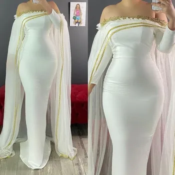 Aso Ebi Mermaid Hamile Abiye Kapalı Omuz Uzun Kollu Altın Aplikler Örgün Balo Elbise Pelerin fas kaftan