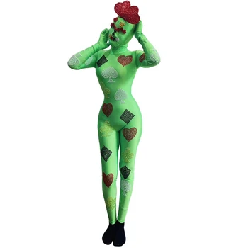 Yeşil Parlayan Poker Rhinestones Seksi Tulumlar Kadınlar İçin Headdress İle Karnaval Sürükle Kraliçe Kıyafet Parti Bez Sahne Kostüm