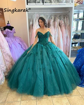 Yeşil Prenses Balo Quinceanera Elbiseler 2022 Aplike Boncuk Payetli Tatlı 16 Kızlar Parti Vestidos De 15 Años