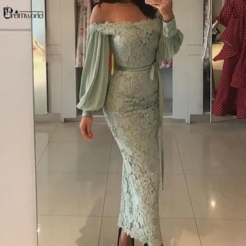 Robe Soiree Femme Nane Kapalı Omuz Şifon Uzun Kollu Resmi gece elbisesi Ayak Bileği Uzunlukta Mermaid Dantel Abiye 2022