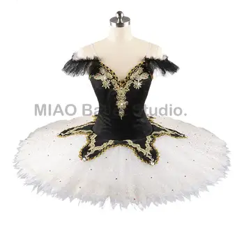 Siyah beyaz gözleme tutu tabağı profesyonel düz bale tutu harlequinade performans tutu kostümleri kızlar için 11 katmanlar 0160