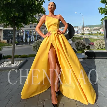 Kadınlar İçin sarı A-line Abiye Robe De Mariée balo kıyafetleri Backlesshigh Yan Yarık Parti Elbiseler Özel Occision 0