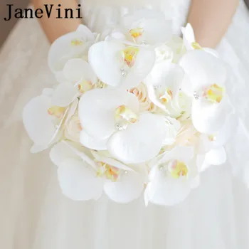 JaneVini Batı Düğün Buket Gelinler ıçin yapay çiçekler Kristal Beyaz Phalaenopsis Gelin Buketleri Mazzo Di Fiori 2018