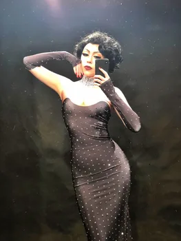 Kadın Siyah Seksi uzun elbise Köpüklü Rhinestone Gece Kulübü Parti Ziyafet Giyim Sahne Giyim Şarkıcı Performans Kostüm Elbise