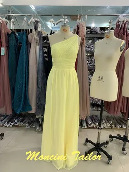 2023 Parlak Sarı Şifon kolsuz Bir Omuz Yarık Pleats Cep Uzun moda nedime elbisesi mocini terzi