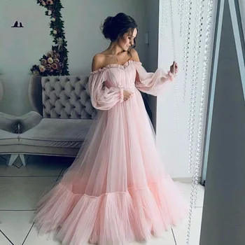Zarif Uzun Kollu A-Line Abiye 2023 Pembe Tül Balo Abiye Artı boyutu Parti Elbise vestidos elegantes para mujer