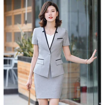 Yeni Stil Kadın iş elbisesi Etek ve Ceket Setleri Gri Blazer Yaz Ceketler Ofis Üniforma Tasarımları