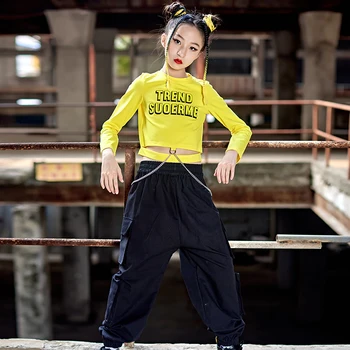 2022 Balo Salonu Hip Hop Dans Giyim Kızlar İçin Sarı Kırpma Üstleri Kargo pantolon Takım Elbise Caz Dans Gösterisi Performans Kostümleri DN11709