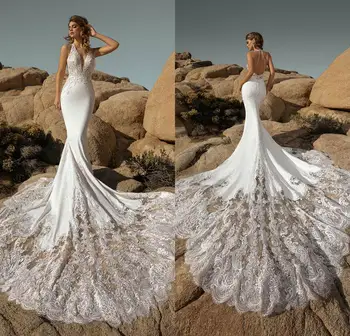 2020 Seksi Mermaid Gelinlik Dantel Aplike Halter Backless Elbiseler De Mariée Custom Made Plaj Gelin Vestido De Noiva