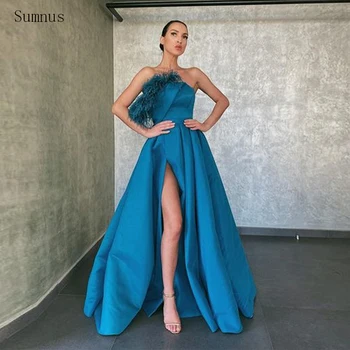 Sumnus Vintage Tüyler Abiye Yüksek Yarık Leke Straplez 2022 Uzun Kat Uzunluk Vestidos De Noche Elbiseler De Soirée