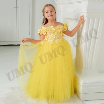 Prenses Sarı Çiçek Kız Elbise İlk Comunion 3D Çiçekler Toddler Düğün Parti Elbiseler Kostümleri Fotoğraf Özelleştirilmiş