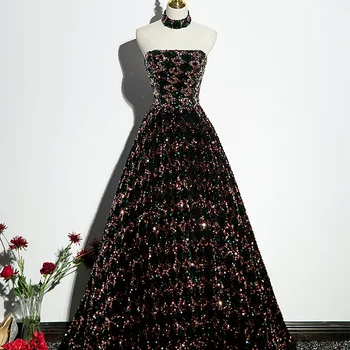 Siyah Ağır Sanayi balo kıyafetleri Straplez Köpüklü Sequins A-Line Uzun Düğün Parti Ünlü Akşam Prenses Abiye 2023 0