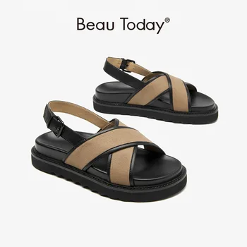 BeauToday platform sandaletler Kadın Tuval Deri Burnu açık Katı Ayak Bileği Çapraz kayış Toka Rahat Açık Yaz kadın ayakkabısı 34527 0
