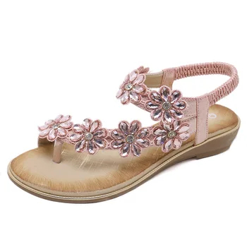 Ayakkabı Kadın Bohemia Etnik Flip Flop Taklidi çiçek Yumuşak Düz Sandalet Kadın Rahat Rahat Artı Boyutu Kama Sandalet 35-42