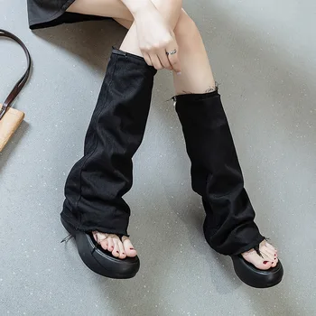 Kadın Pilili Kot Pantolon Çizmeler Yaz Platformu Flip Flop Kadın Uzun Çizmeler Rahat Punk Koyu Tarzı Sandalet