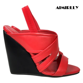 Moda kadın yüksek topuklu ayakkabı Takozlar Sandalet Geri Kayış Siyah ve Kırmızı Terlik Yaz Konfor Rahat Ayakkabılar