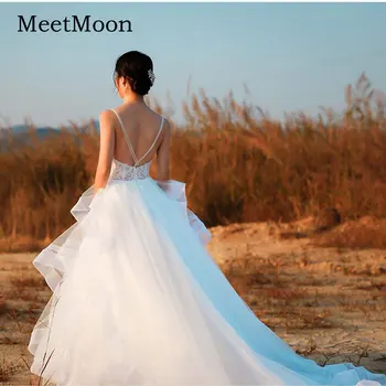 MeetMoon düğün elbisesi Çarpıcı Boncuklu Sapanlar Dantel Üst Backless Örgün Töreni Yemin Gelin Balo Yarı Katedrali Tren 1