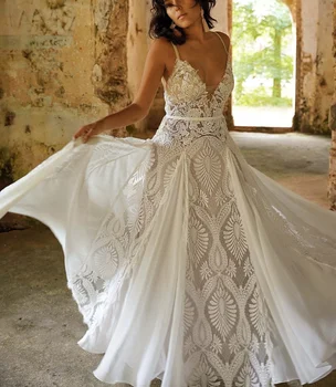 11882 # Zarif Plaj Vintage Bohemian Kolsuz düğün elbisesi A-Line Şifon Derin V Yaka Dantelli düğün elbisesi gelin kıyafeti