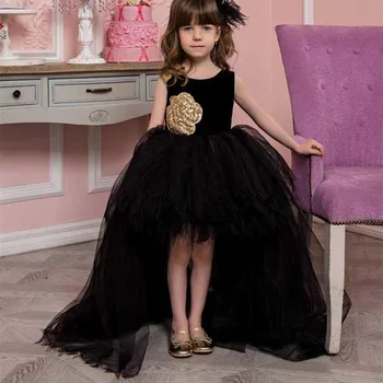 Siyah Hi Lo Tül Dantel Aplike Prenses Kız Elbise Kolsuz Jewel Boyun Düğün Parti Çiçek Kız Abiye Düğün için