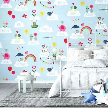 Karikatür hayvan mavi gökyüzü beyaz bulut balon çiçek gökkuşağı çocuk odası duvar kağıdı çocuk yatak odası kız dokunmamış anaokulu