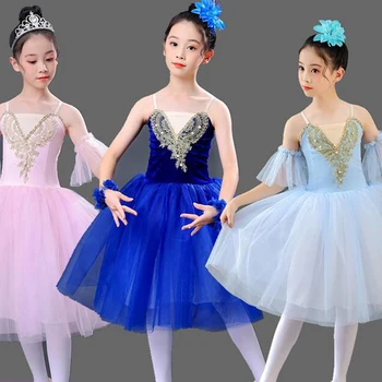Kızlar Romantik Balerin Bale TUTU Elbise Çocuk Kuğu Gölü Uzun Dans Elbise Kostümleri Çocuklar Genç Konser Bale Elbise