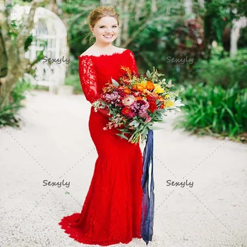 Zarif Dantel Boho Kırmızı düğün elbisesi 2022 Şık Kapalı Omuz Uzun Kollu Mermaid düğün elbisesi es Sivil Hippiler Gotik Gelin