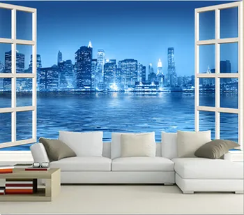 Son 3D duvar resimleri, 3d mavi şehir pencere dışında, güzel gece, oturma odası TV kanepe yatak arka plan kağıdı
