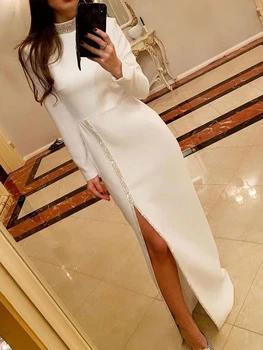 2023 Dubai Basit Zarif Akşam Elbise Yüksek Boyun Uzun Kollu Yüksek Bölünmüş Balo Örgün Parti Elbise Vestido Fiesta Noche Moslin 0