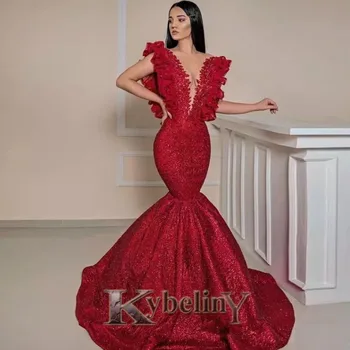 Kybeliny Kırmızı Mermaid Abiye Kabarık SCOOP Glitter Balo Robe De Soiree Mezuniyet Ünlü Vestidos Fiesta Kadın Resmi