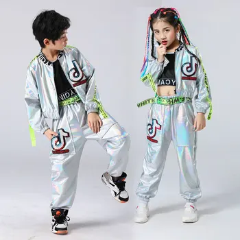 Çocuk Performans Giyim Erkek Hip-Hop Seti Kız Gümüş Renk Caz dans kostümü Podyum dans kostümü Serin Rave Kıyafetler