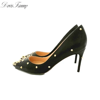 DorisFanny Sivri Burun Deri yüksek topuklu çıtçıt ile siyah 8 cm orta topuk ayakkabı Kadın boyutu 33-45