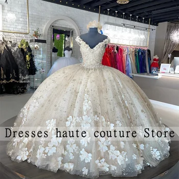 Şampanya Sevgiliye Lace Up Balo Quinceanera Elbiseler 2023 3D Çiçekler Dantel Tatlı 15 Kız Prenses Elbise Vestidos De 15 Años