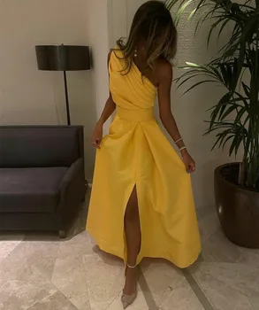 Uzun Bir Omuz Sarı Abiye Cepler İle A-Line Yarık Kat Uzunluk Balo Elbise Elbiseler de soirée Parti Elbise kadınlar için