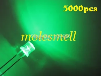 ücretsiz kargo! 5000 adet 5mm düz üst yeşil LED (3000mcd) 5mm su temizle yeşil led 5mm büyük / geniş açı yeşil led 5mm düz kafa led