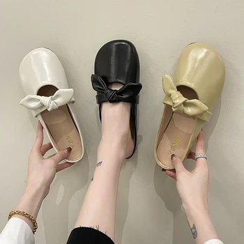 Kadın Katır 2022 Pu Deri inci ayakkabı Kadın Kare Ayak Med Topuk Terlik Sandalet Yaz Renkli Papyon Tıknaz Slaytlar